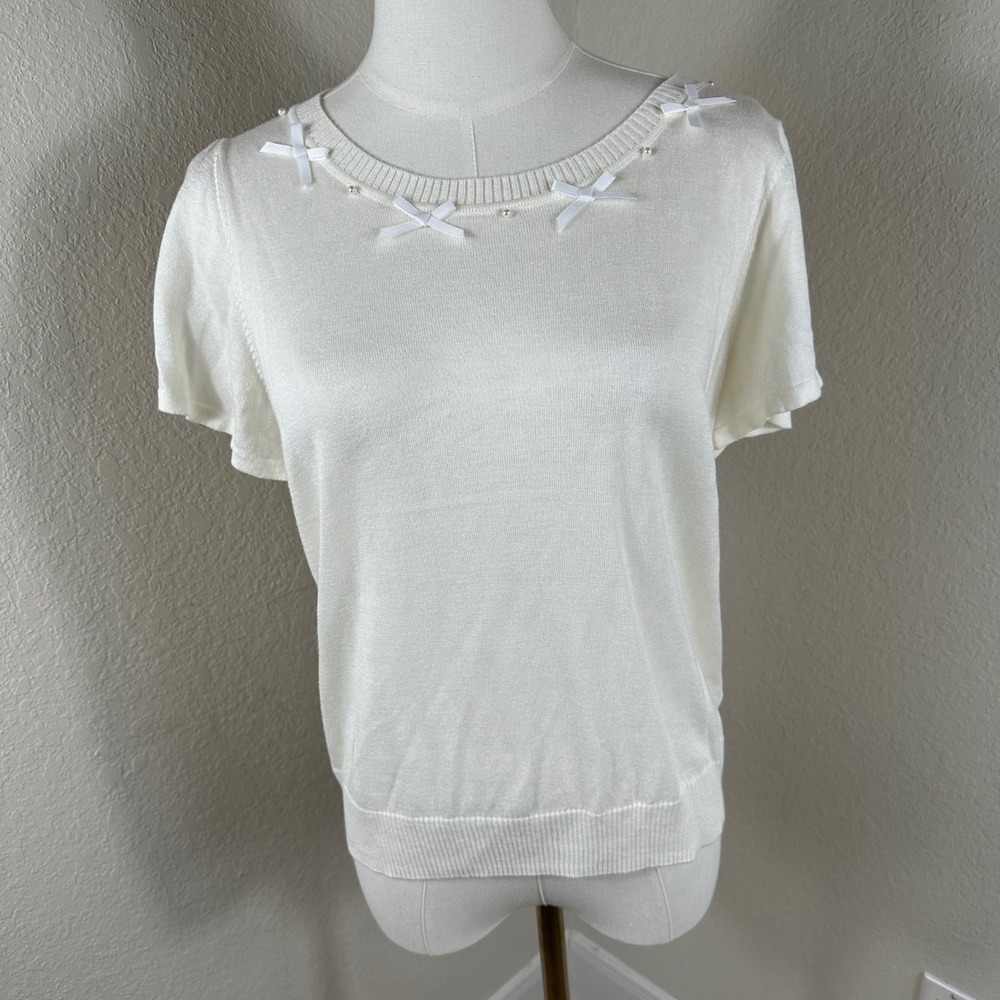 YOCO Knit Top Women L Cream Coquette Bow Pearl Short Sleeve Feminine Coquette